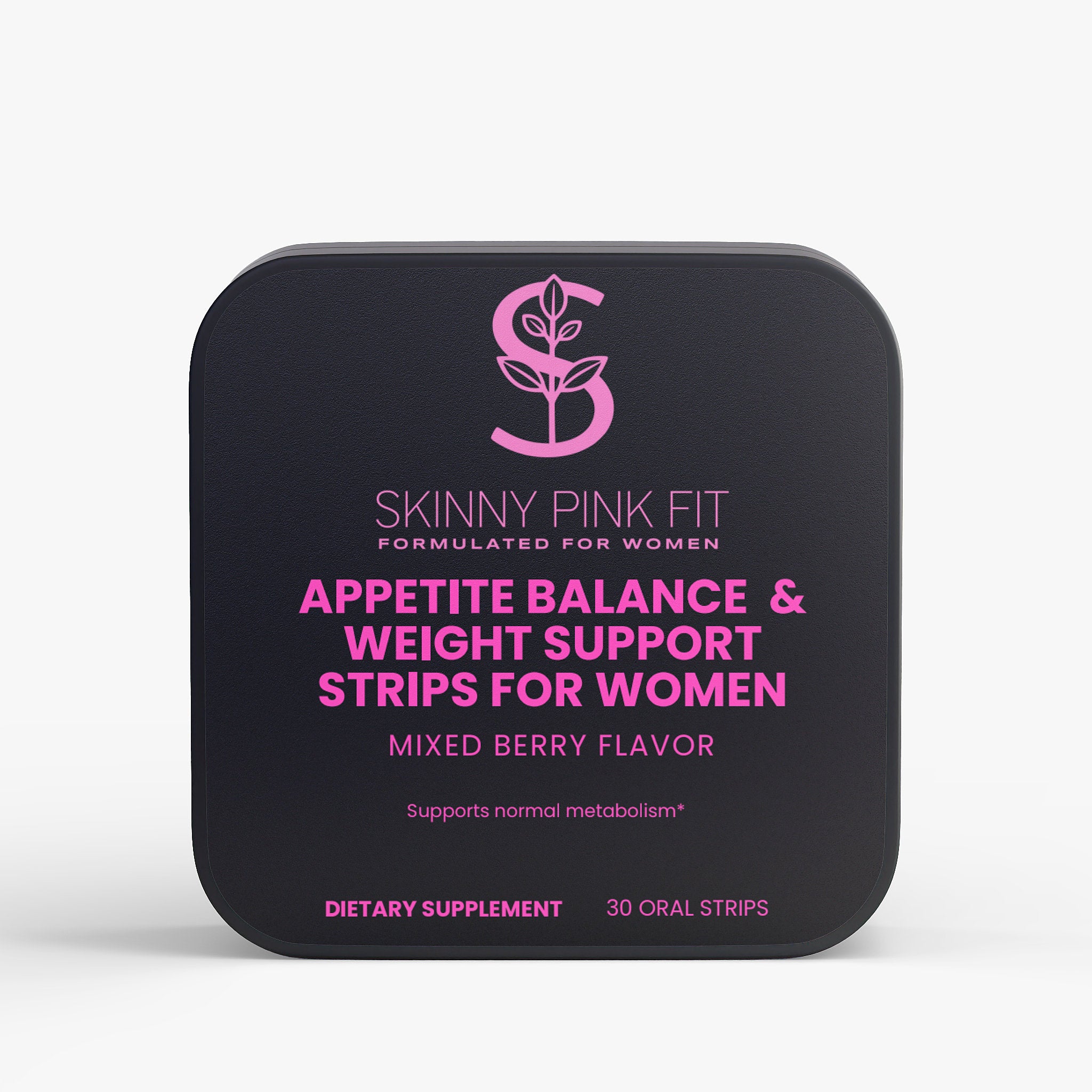 Black container of Skinny Pink Fit dietary supplement with pink text on a white background