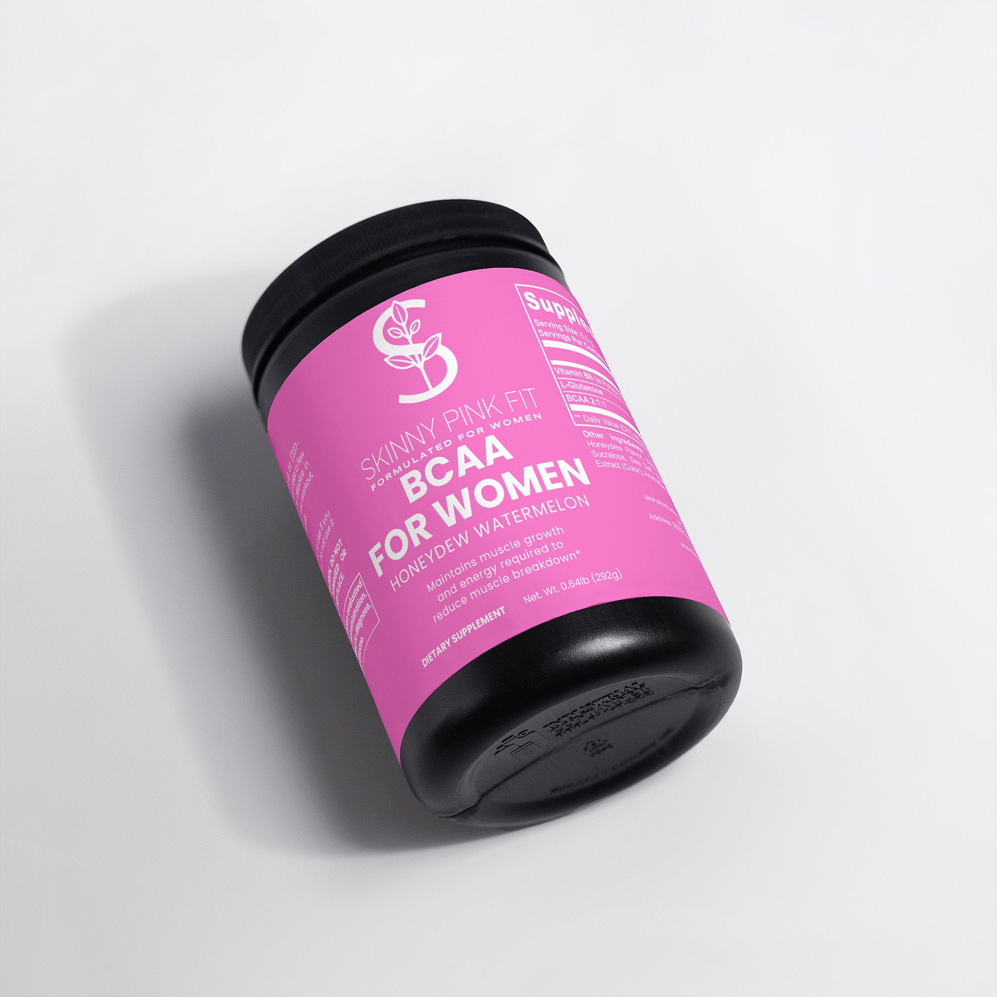 Pink container with black lid labeled 'BCAA for Women' on a light gray background Skinny Pink Fit