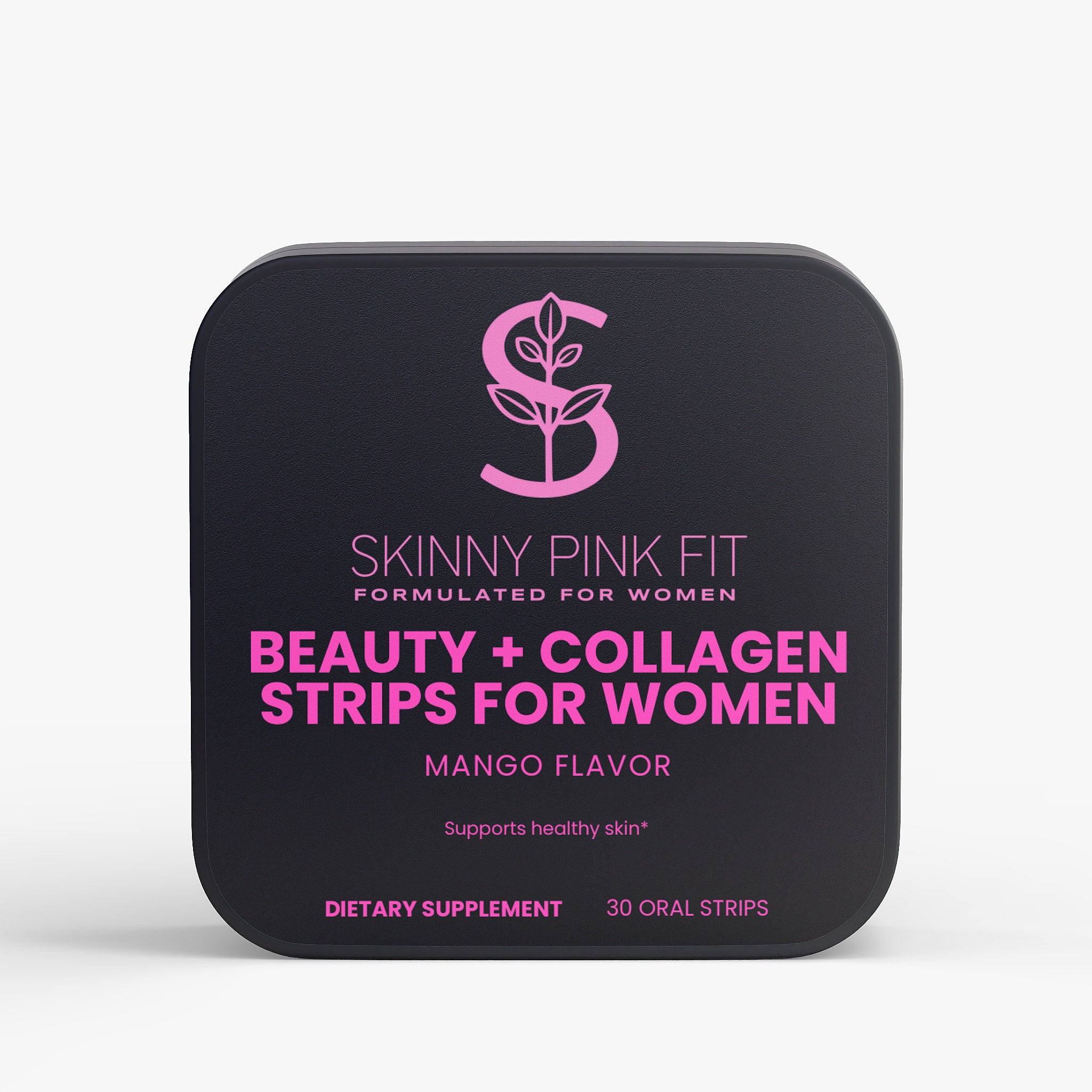 Black container of Skinny Pink Fit beauty and collagen strips for women on a white background Beauty + Collagen Strips For Women