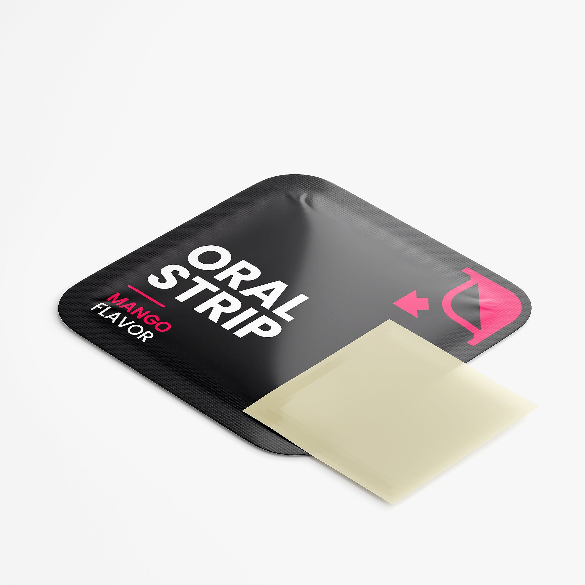 Black packaging of 'Oral Strip' with a mango flavor label on a white Skinny Pink Fit