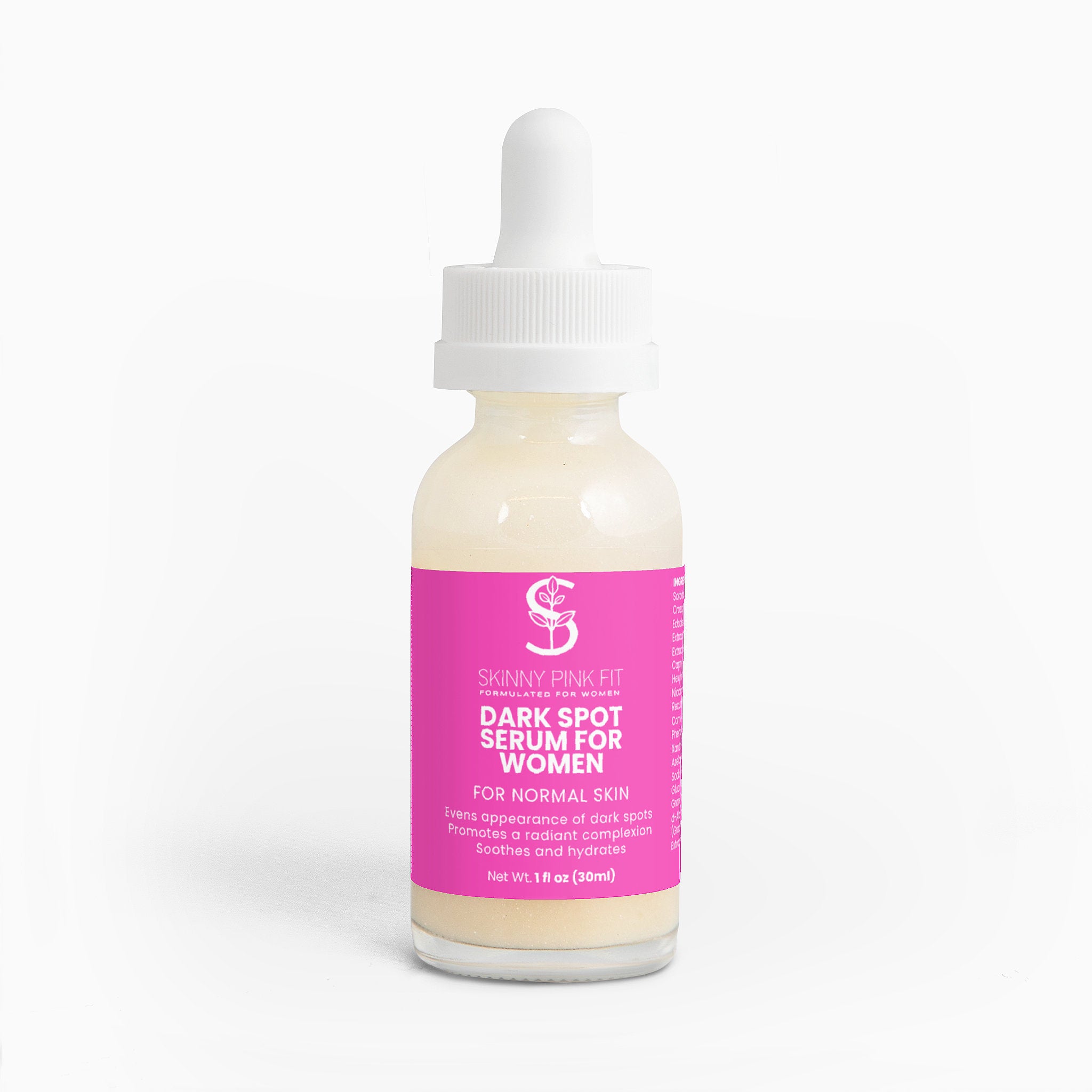 Bottle of dark spot serum for women with a pink label on a white background Skinny Pink Fit