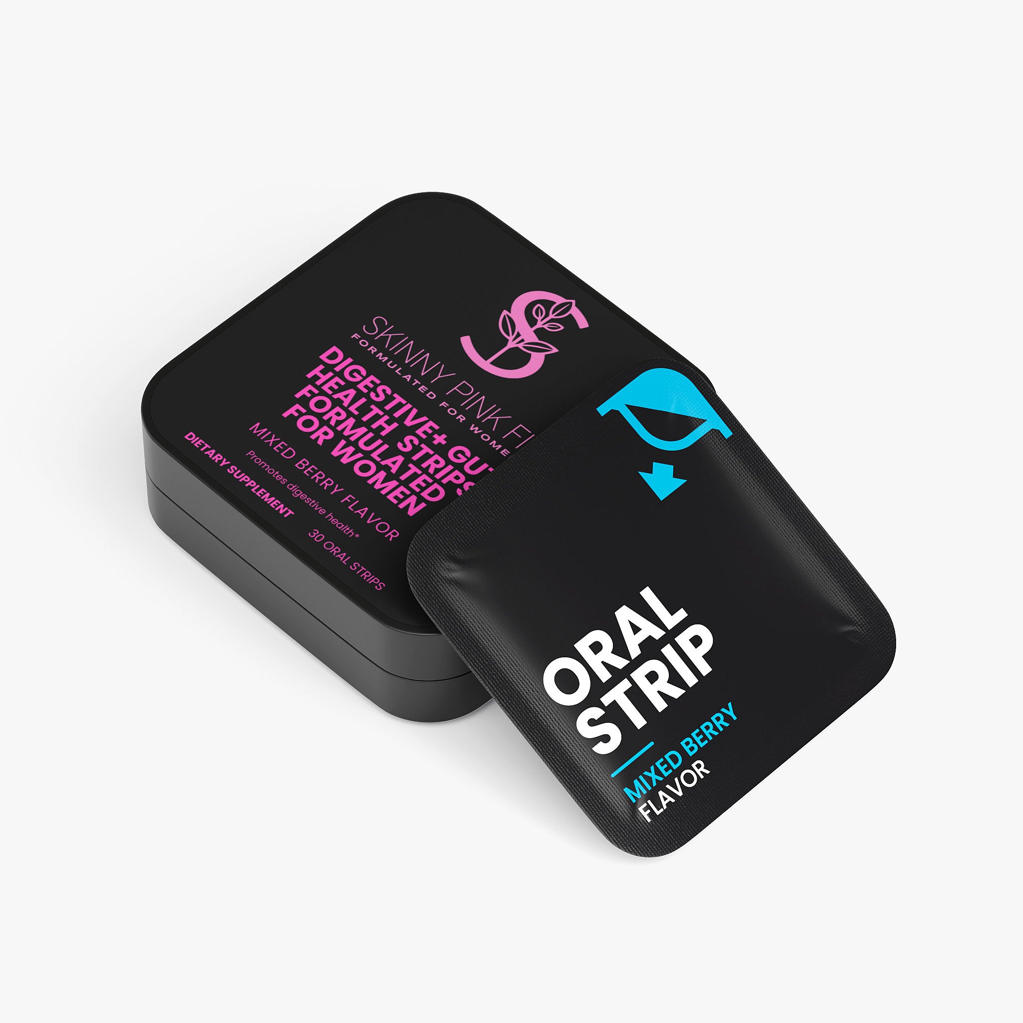 Black packaging of Skinny Pink oral strip with branding and flavor information on a white background, Digestive + Gut Health Strips Formulated For Women