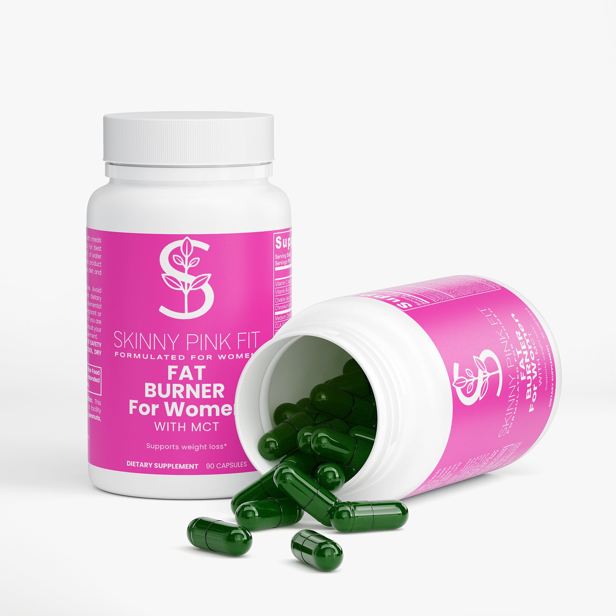 Fat burner supplement for women with pink label and green capsules on a white background Fat Burner with MCT For Women, Skiny Pink Fit