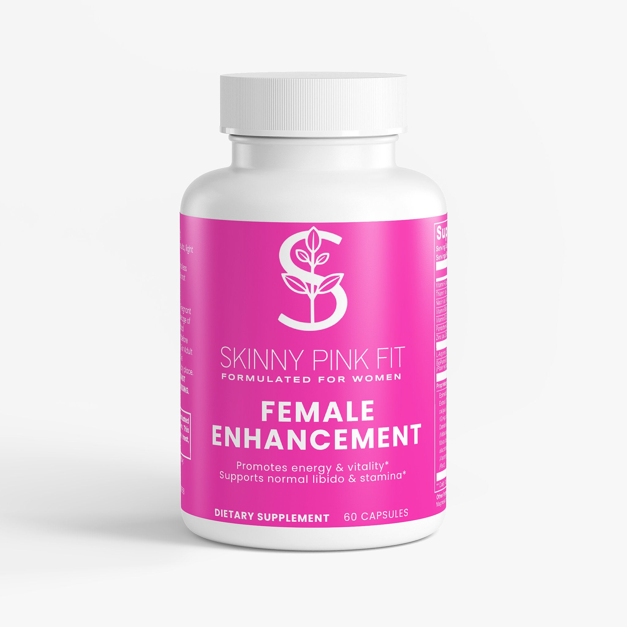 Supplement bottle labeled 'Skinny Pink Fit' for female enhancement on a white background Female Enhancement