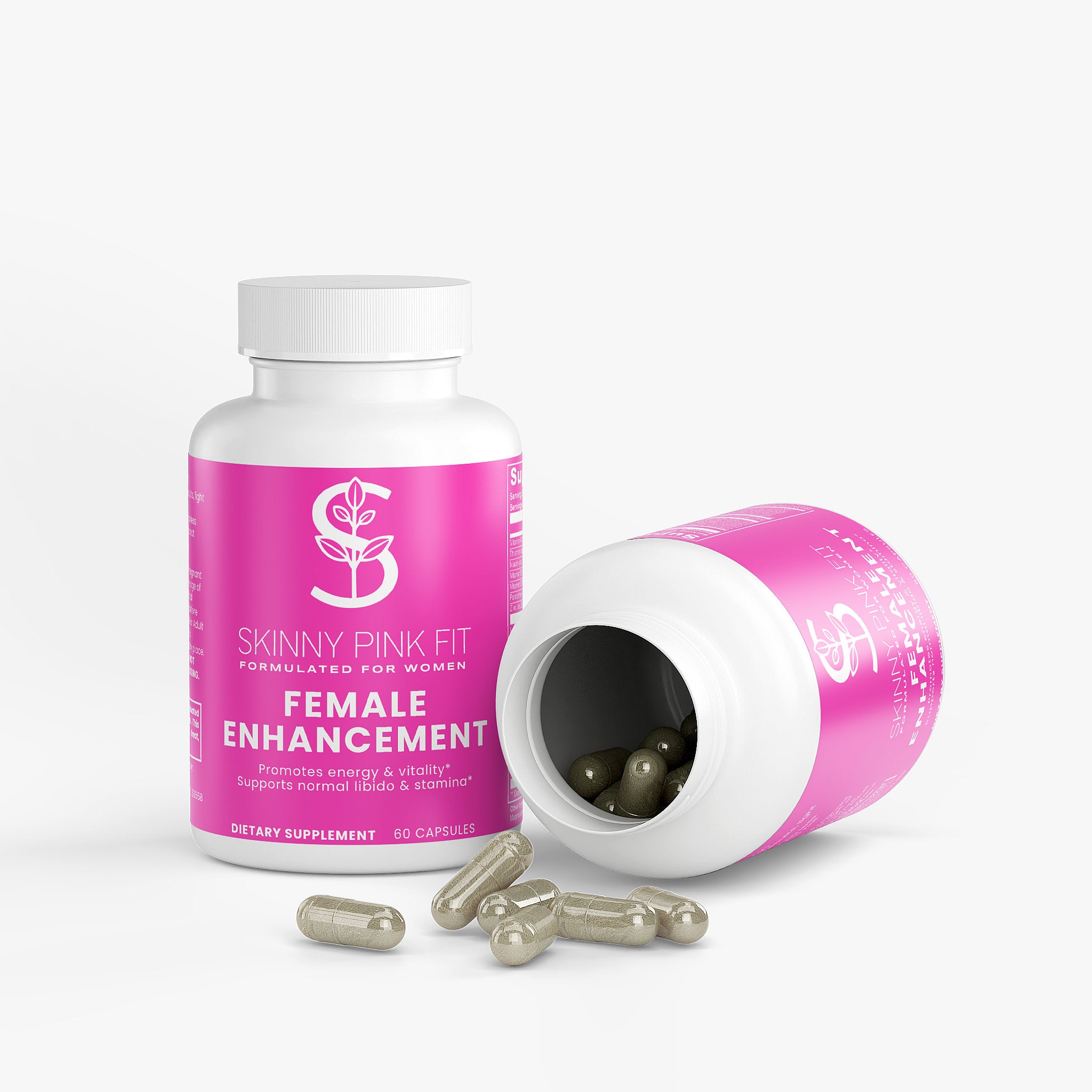 Skinny Pink Fit female enhancement supplement bottle with open lid on a white background