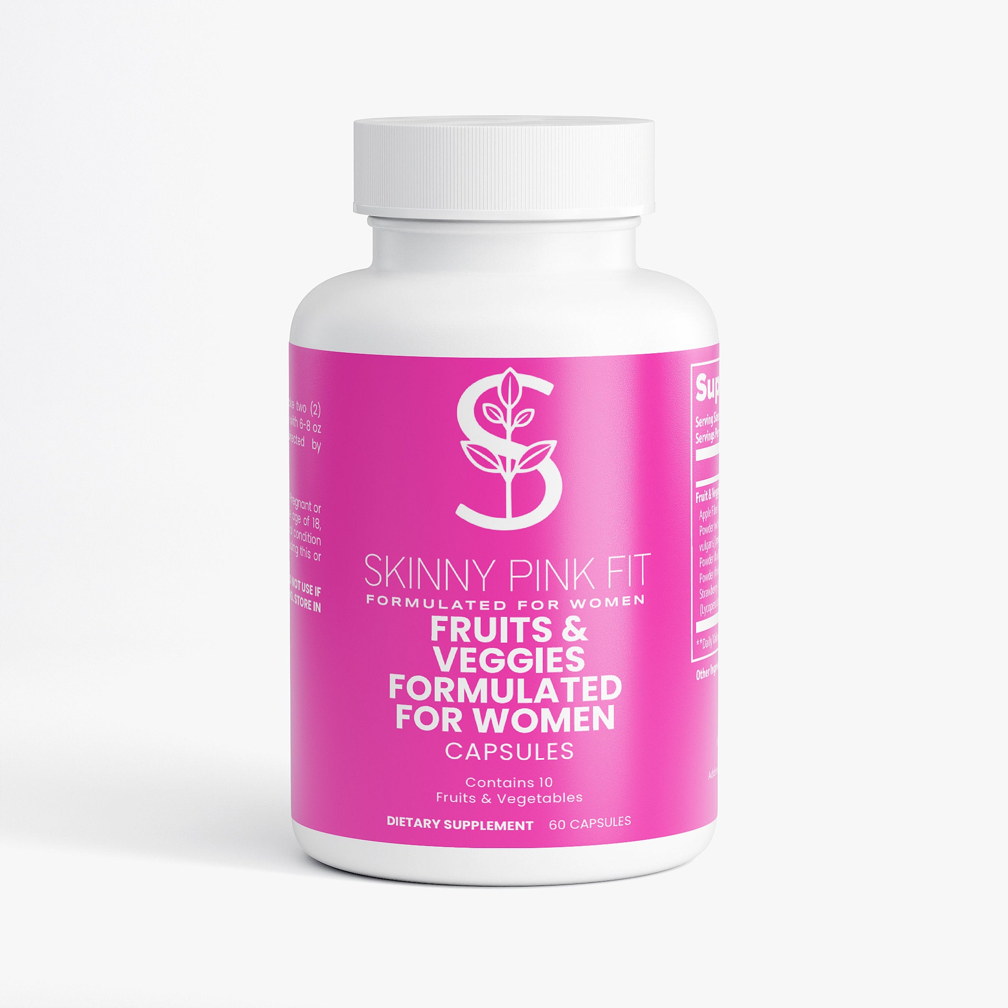 Supplement bottle with pink label on a white background Fruits and Veggies Formulated For Women, Skinny Pink Fit