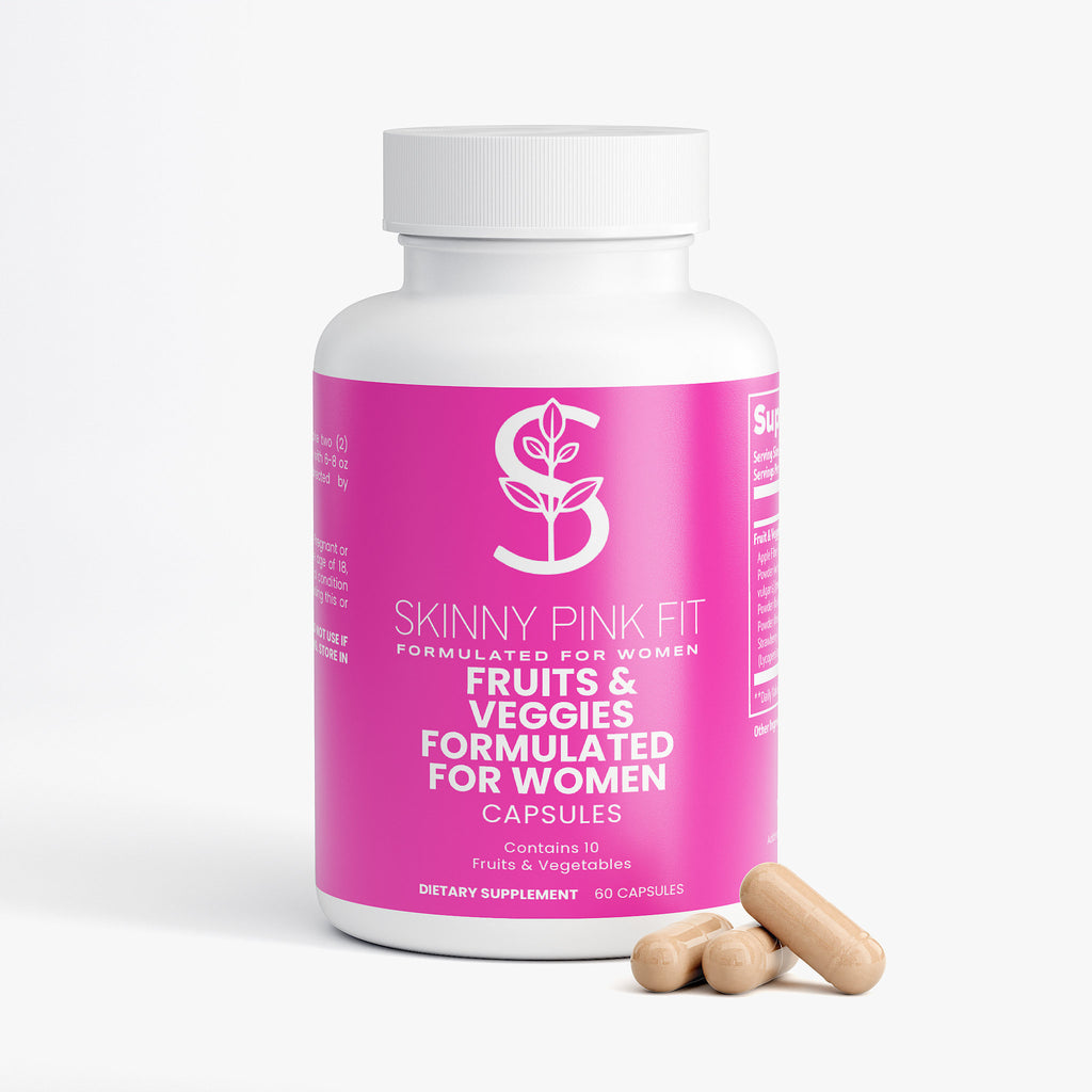 Supplement bottle labeled 'Skinny Pink Fit' with pink label and white cap on a white background Fruits and Veggies Formulated For Women