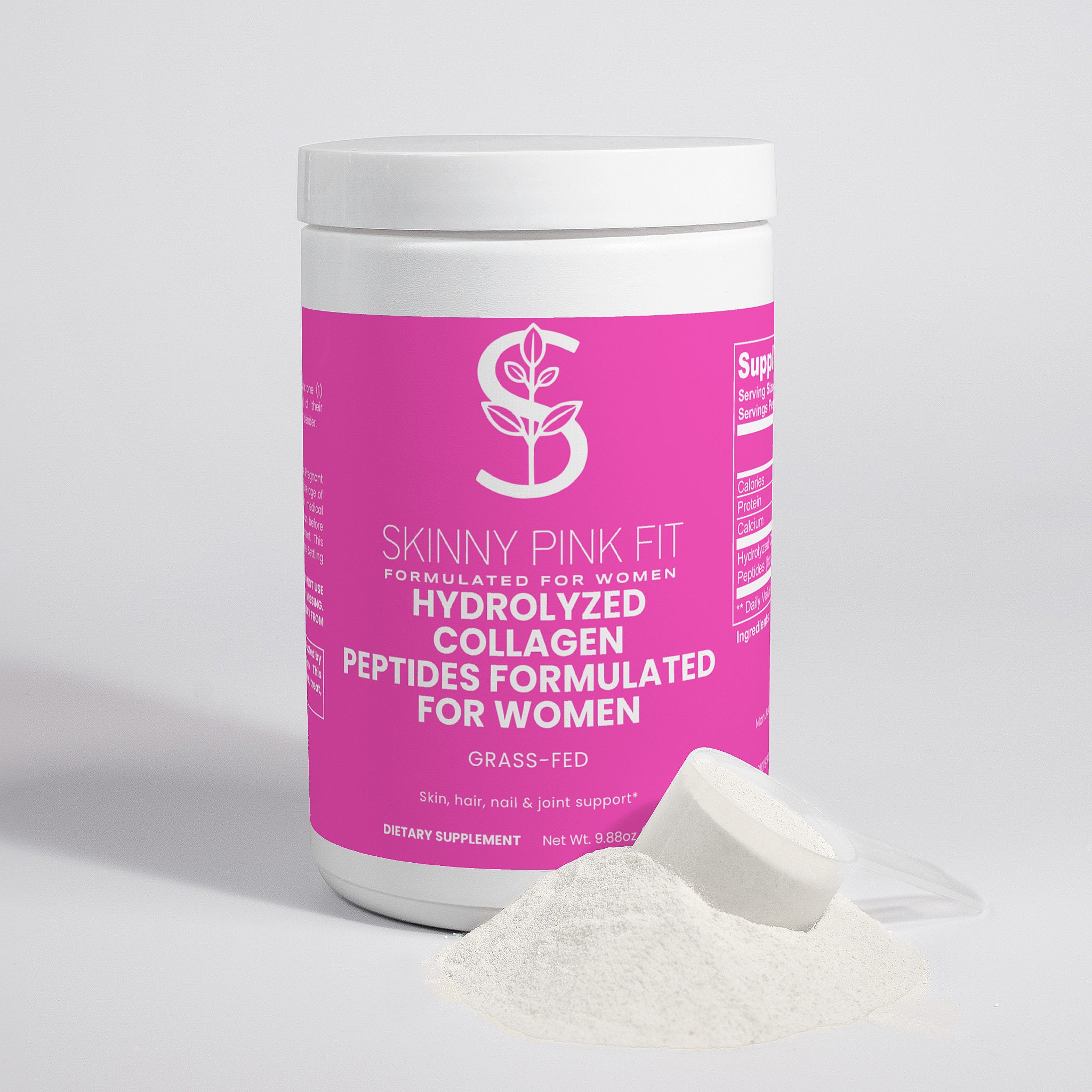 Container of Skinny Pink Fit collagen peptides with a pink label on a white background  Hydrolyzed Collagen Peptides Formulated For Women