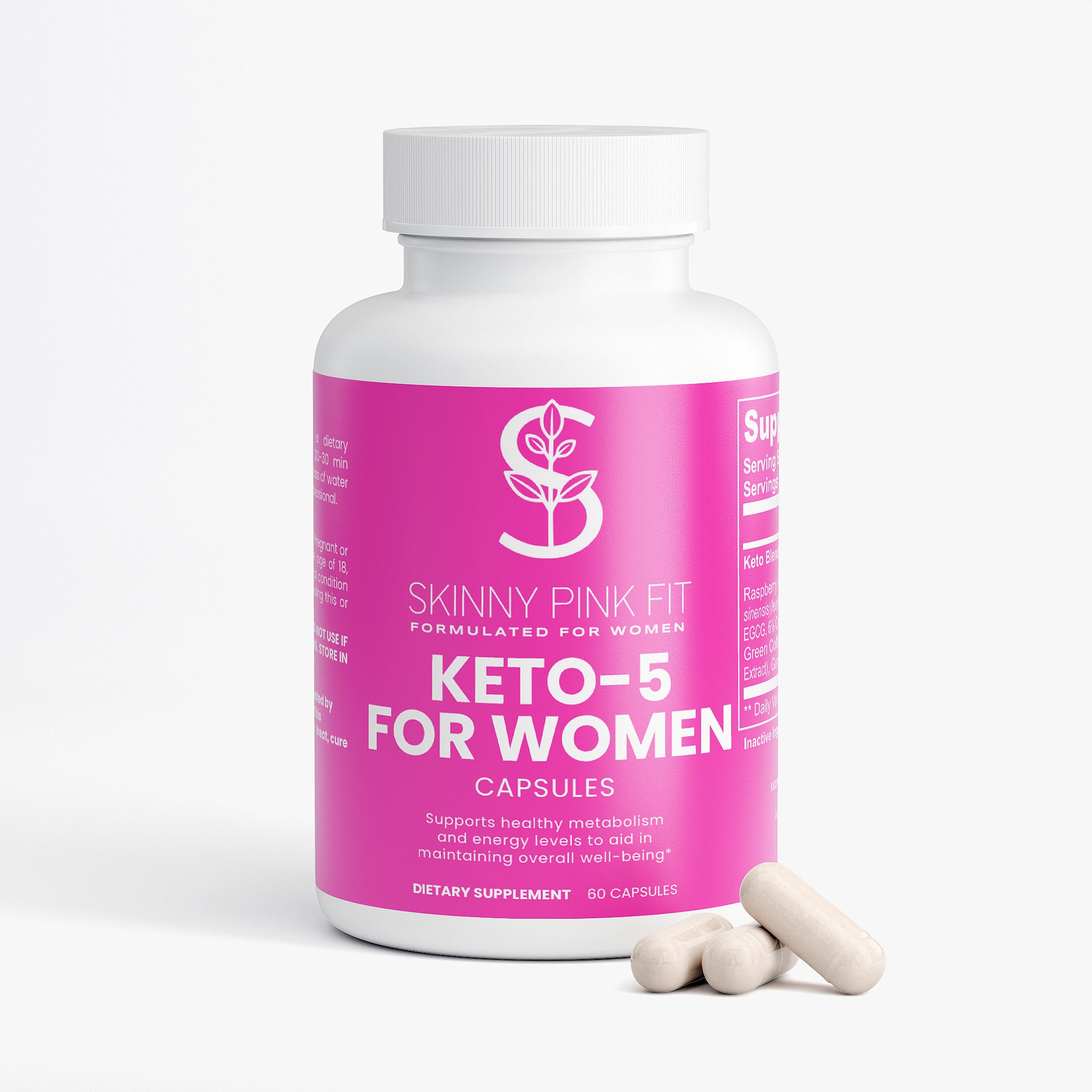 Supplement bottle labeled 'Skinny Pink Fit Keto-5 for Women' on a white background, Keto-5 For Women, Skinny Pink Fit