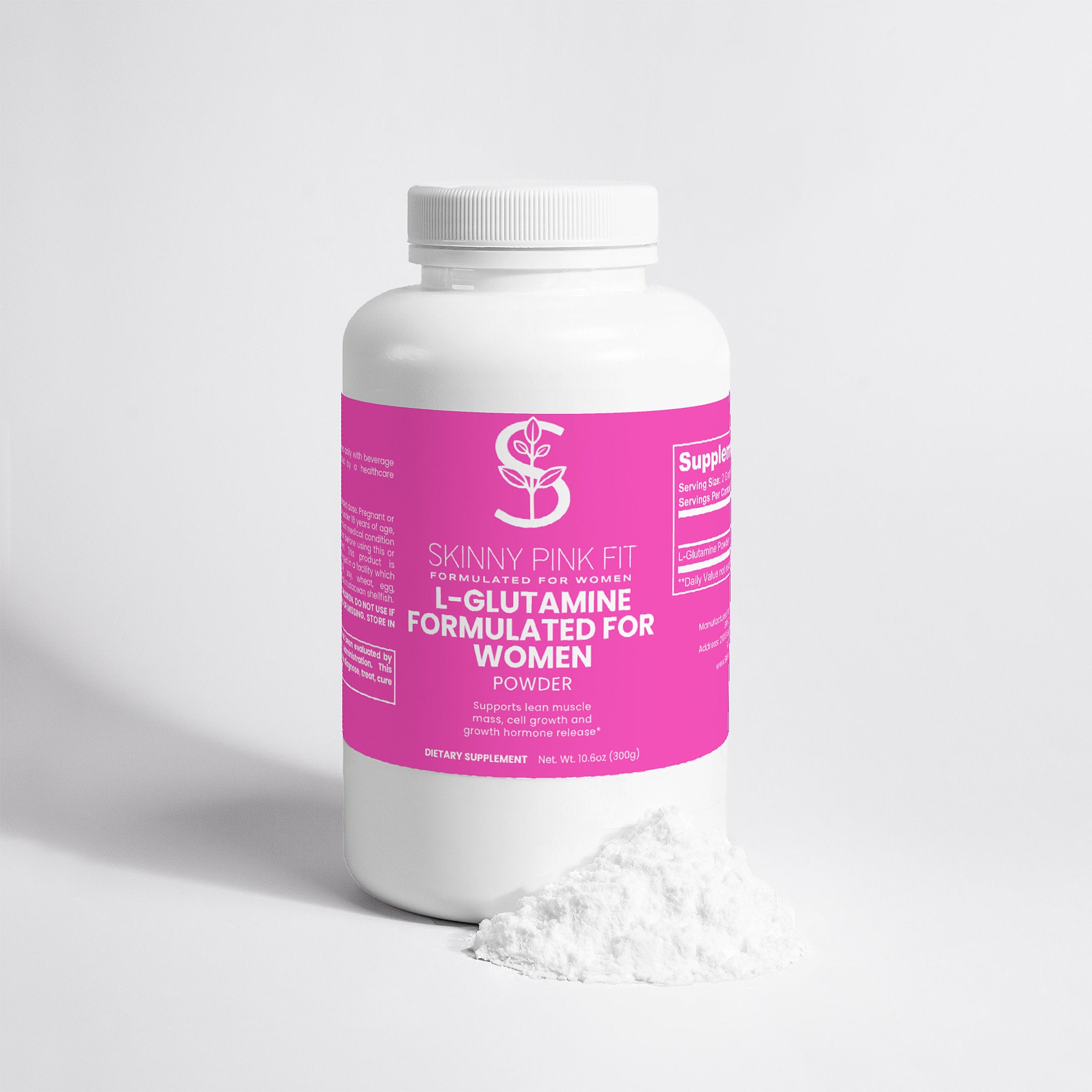 Supplement bottle labeled 'Skinny Pink Fit' with a pink label on a white L-Glutamine Powder Formulated For Women