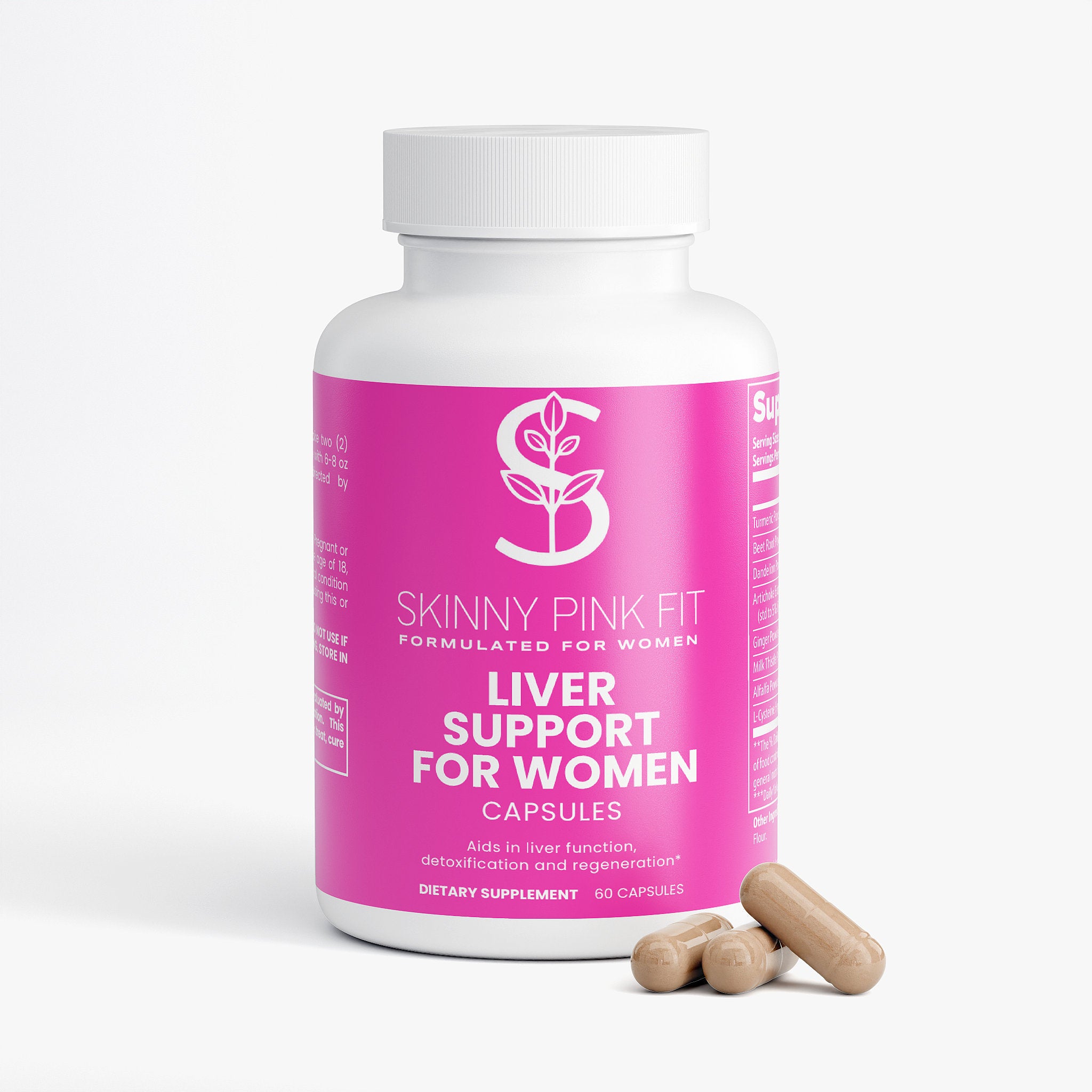 Supplement bottle labeled 'Skinny Pink Fit' with pink label and white cap on a white background Liver Support For Women