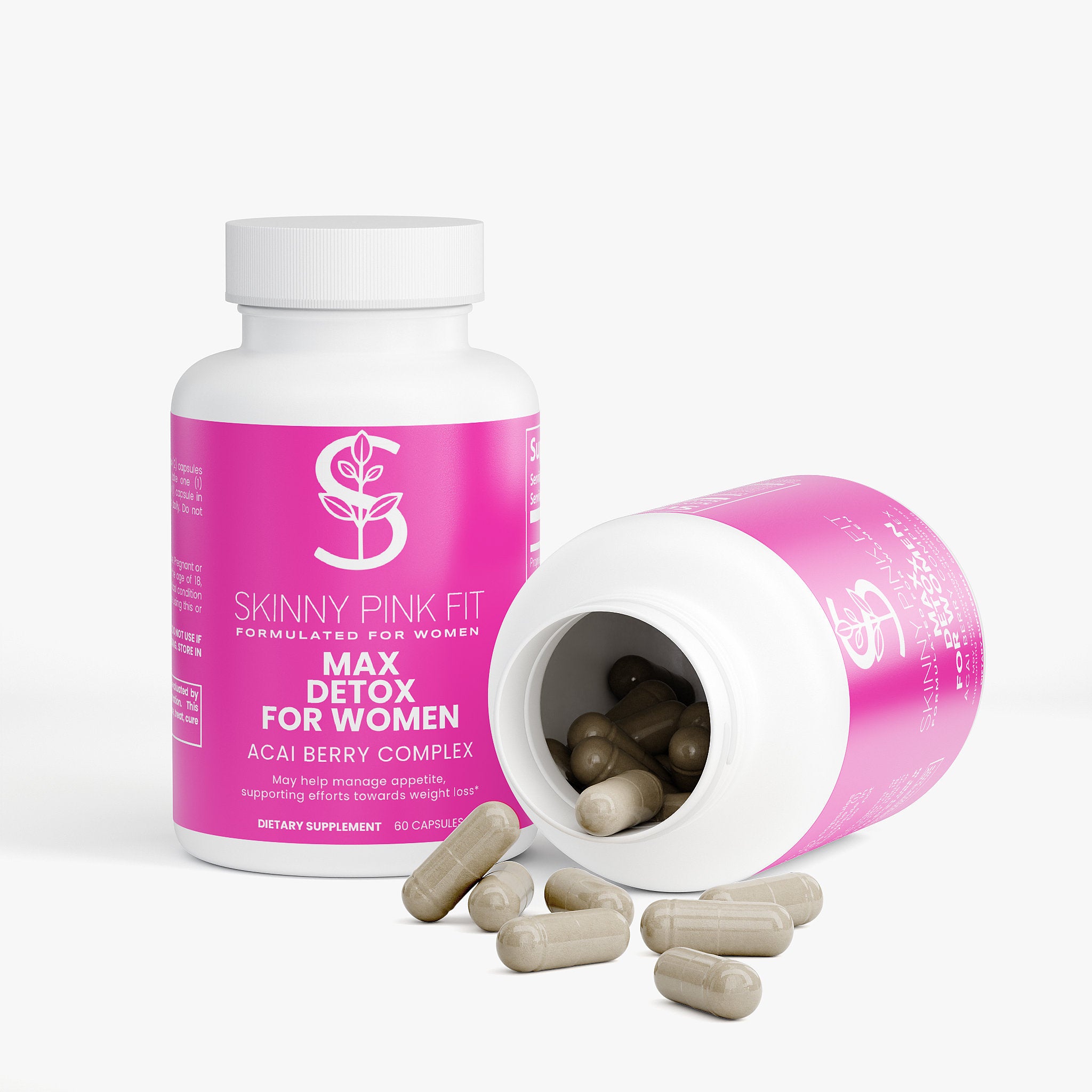 Supplement bottle labeled 'Skinny Pink Fit' with pink label and white body on a white background. Max Detox (Acai detox) For Women