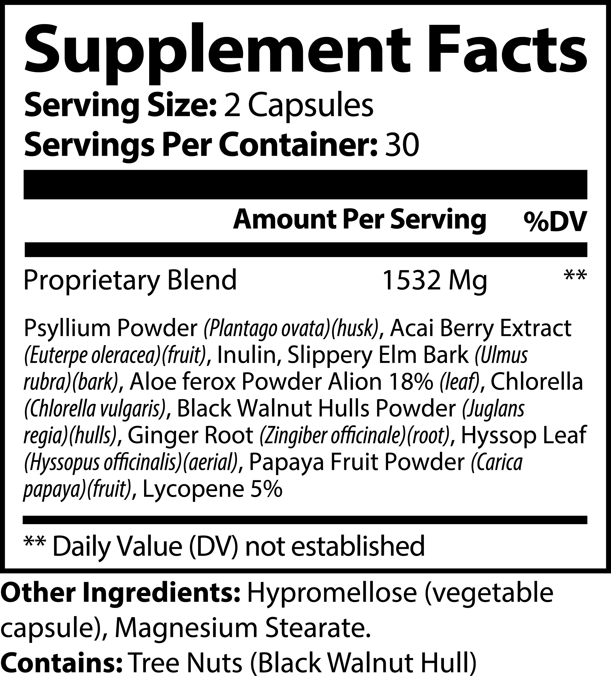 Supplement facts label with detailed ingredient list on a white background