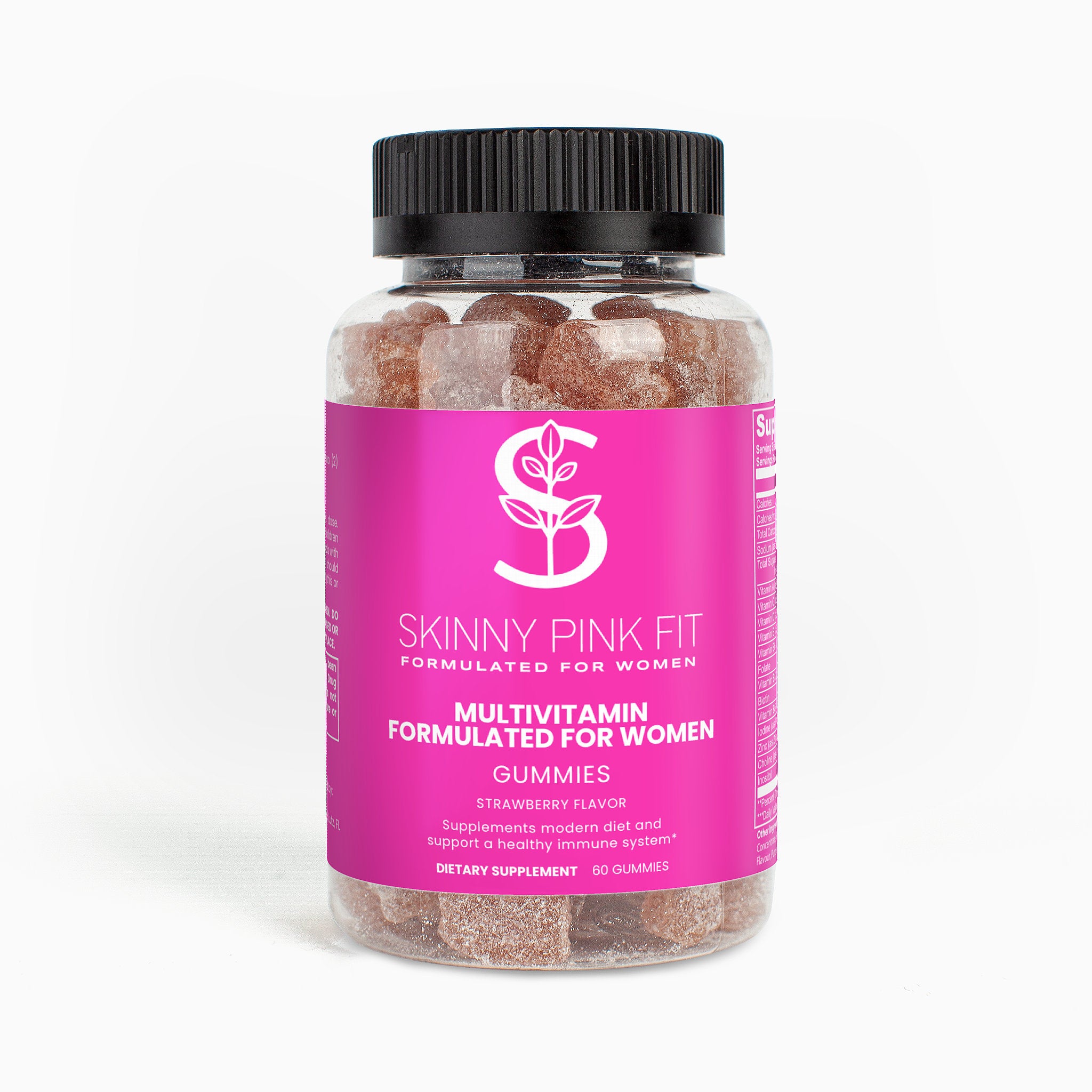 Bottle of Skinny Pink Fit multivitamin gummies for women on a white background