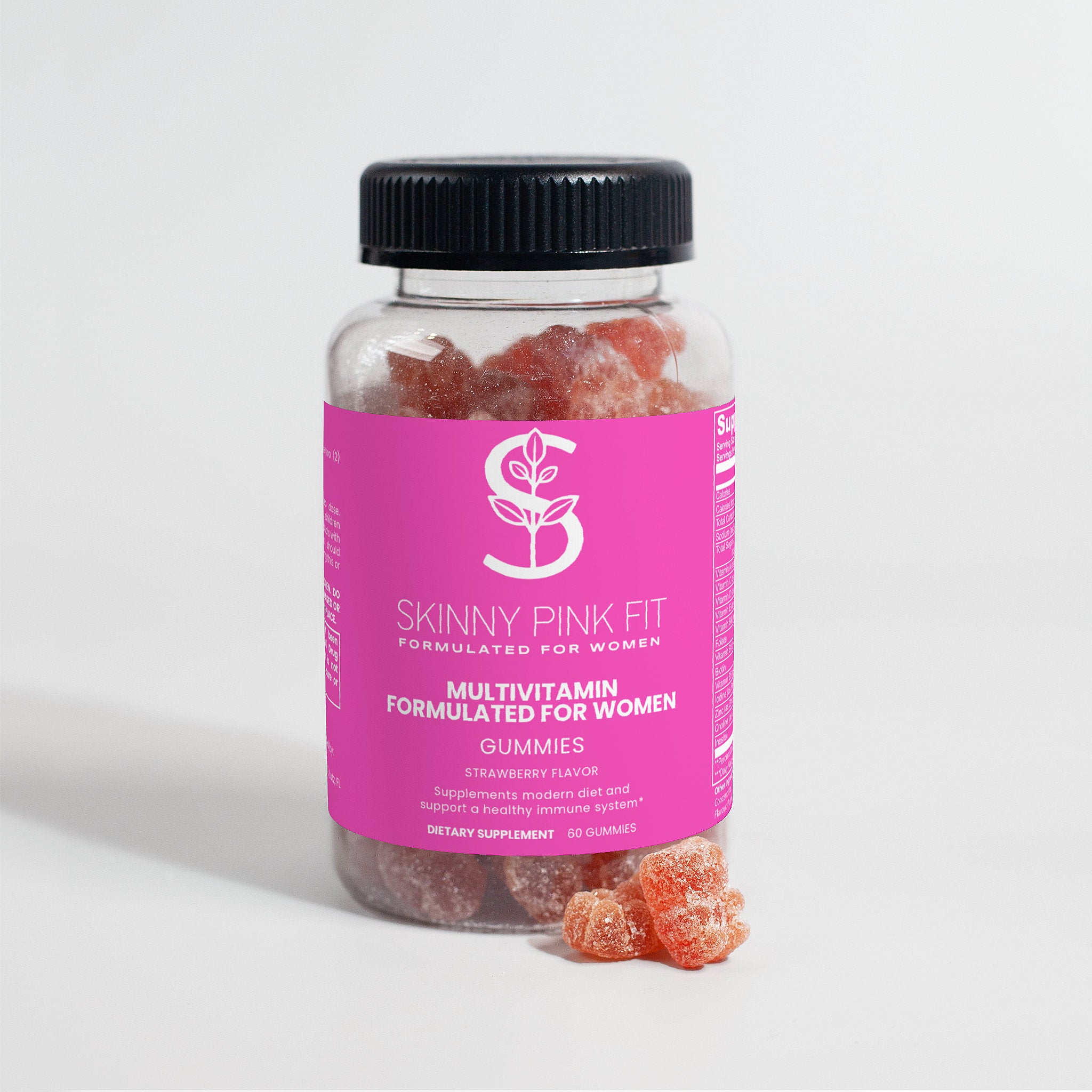 Bottle of Skinny Pink Fit multivitamin gummies for women on a light gray background