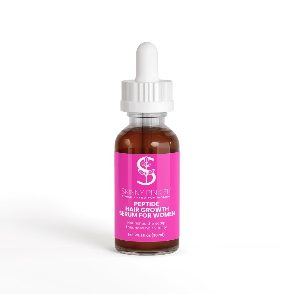 Bottle of Skinny Pink Fit Peptide Hair Growth Serum for Women on a white background