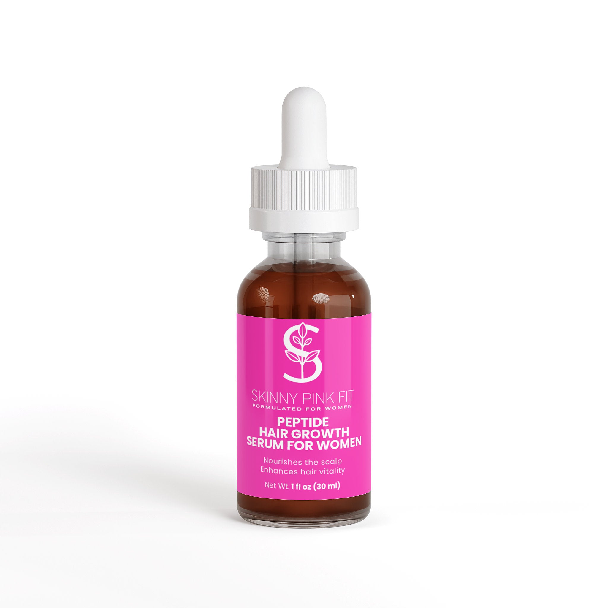 Bottle of Skinny Pink Fit Peptide Hair Growth Serum for Women on a white background