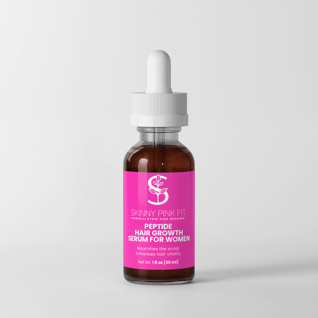 Bottle of Skinny Pink Fit peptide hair growth serum for women on a light gray background  Peptide Hair Growth Serum For Women
