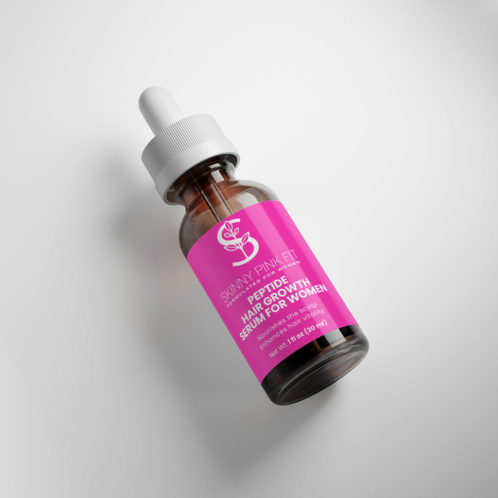 Bottle of peptide hair growth serum for women with a pink label on a light gray background Skinny Pink Fit