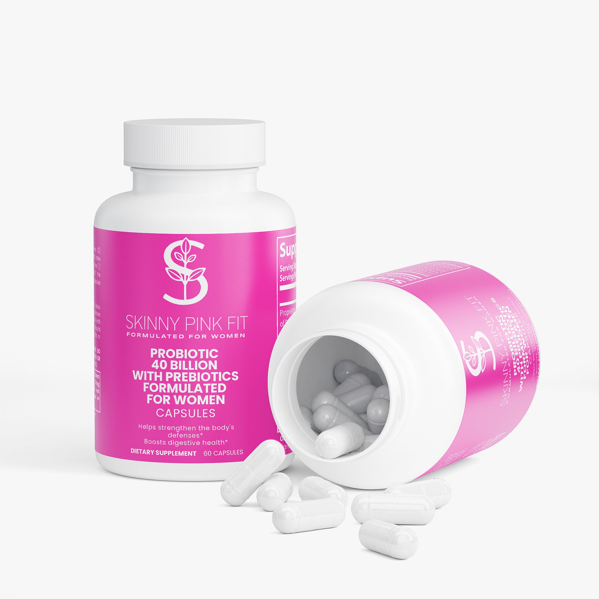 Supplement bottle labeled 'Skinny Pink Fit' with pink label and white capsules on a white background Probiotic 40 Billion with Prebiotics Formulated For Women, Skinny Pink Fit
