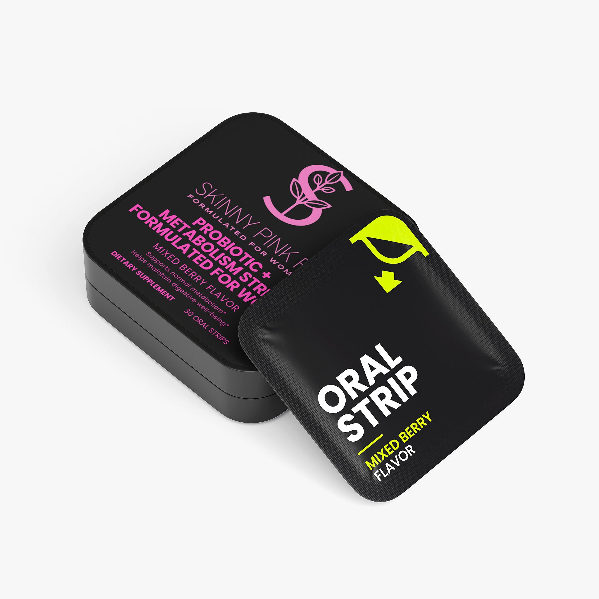 Black packaging of Skinny Pink F oral strip with text on a white background Probiotic + Metabolism Strips Formulated For Women