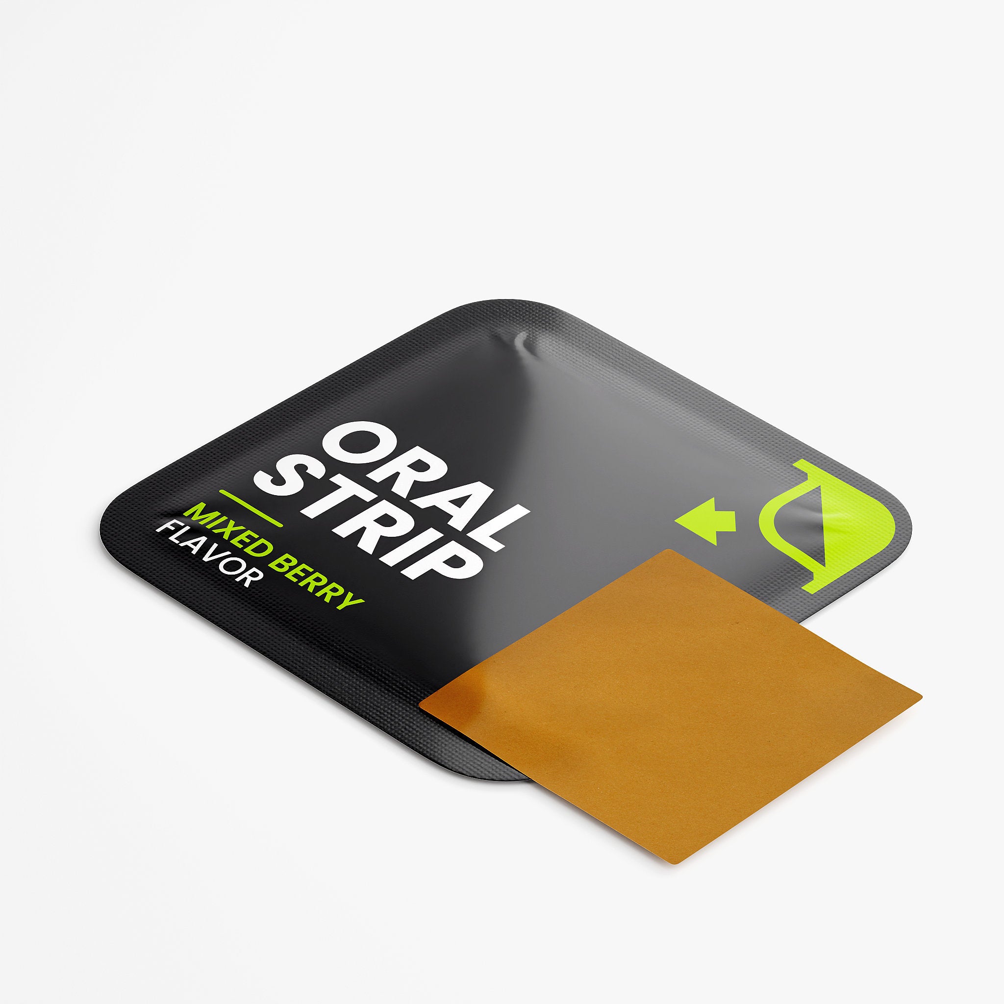 Black packaging with a brown strip labeled 'Oral Strip Mixed Berry Flavor' on a white background, Probiotic + Metabolism Strips Formulated For Women