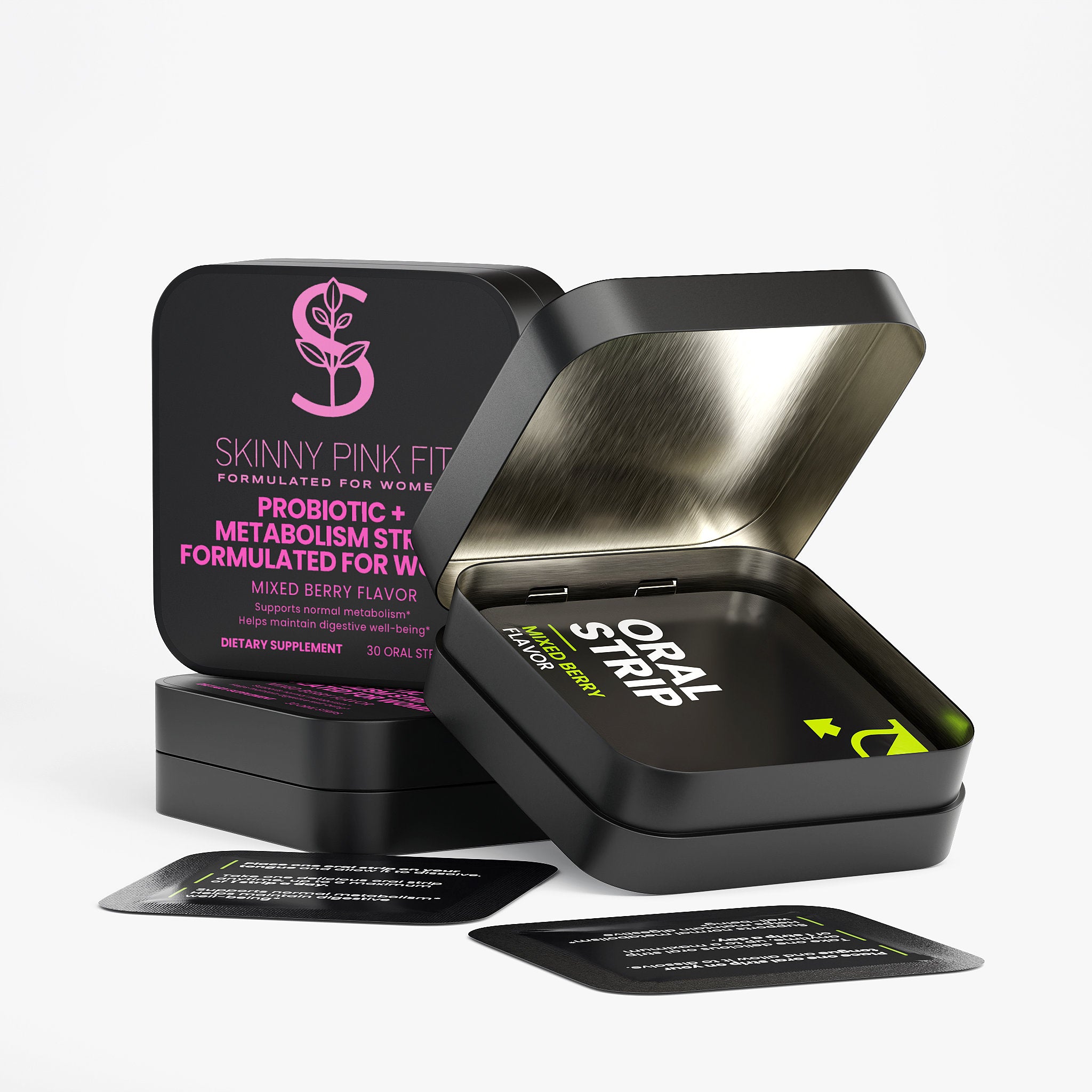 Black container with 'Skinny Pink Fit' and 'Oral Strip' labels on a white background, Probiotic + Metabolism Strips Formulated For Women