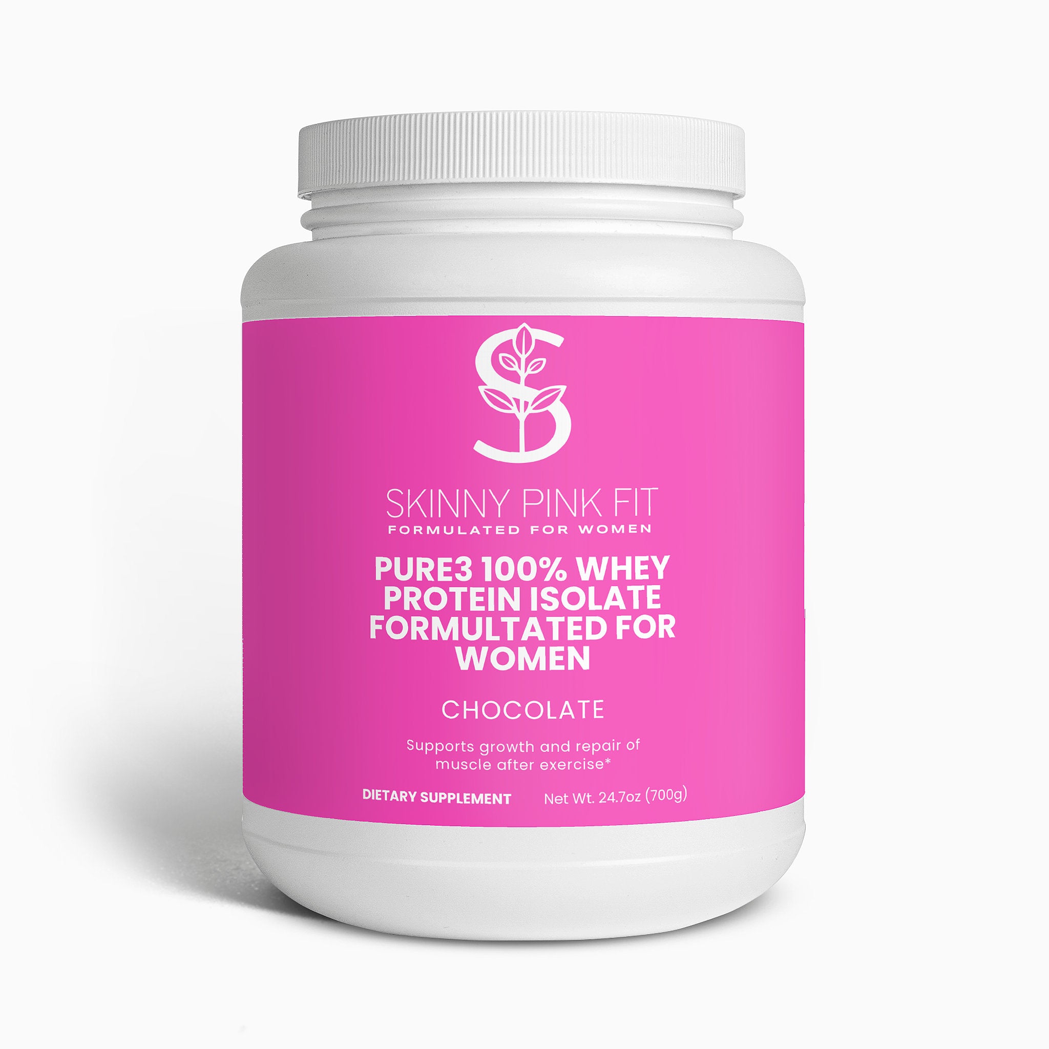Whey protein isolate container with pink label on a white background Pure3 100% Whey Protein Isolate (Chocolate) Formulated For Women Skinny Pink Fit