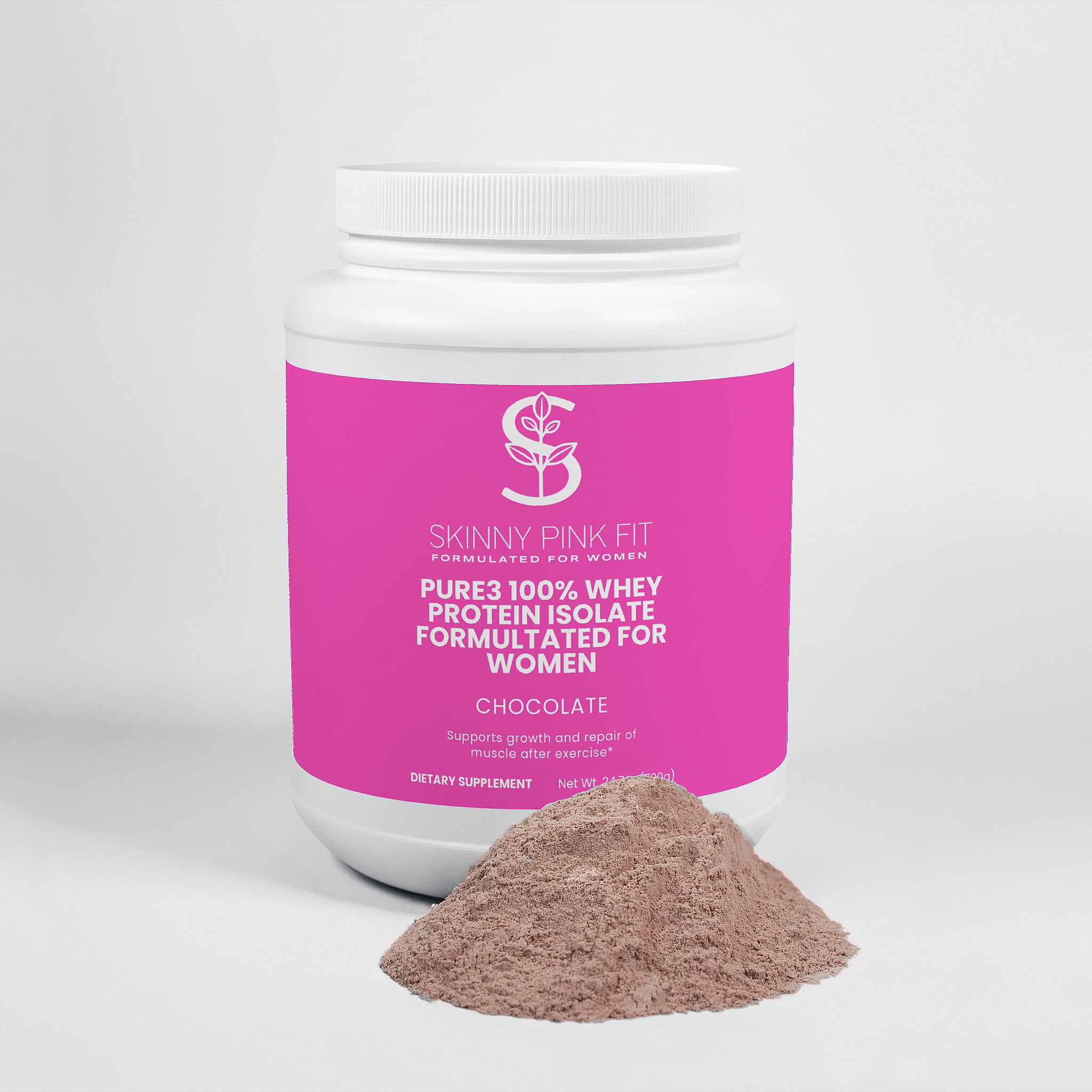Protein powder container with pink label on a white background Pure3 100% Whey Protein Isolate (Chocolate) Formulated For Women, Skinny Pink Fit