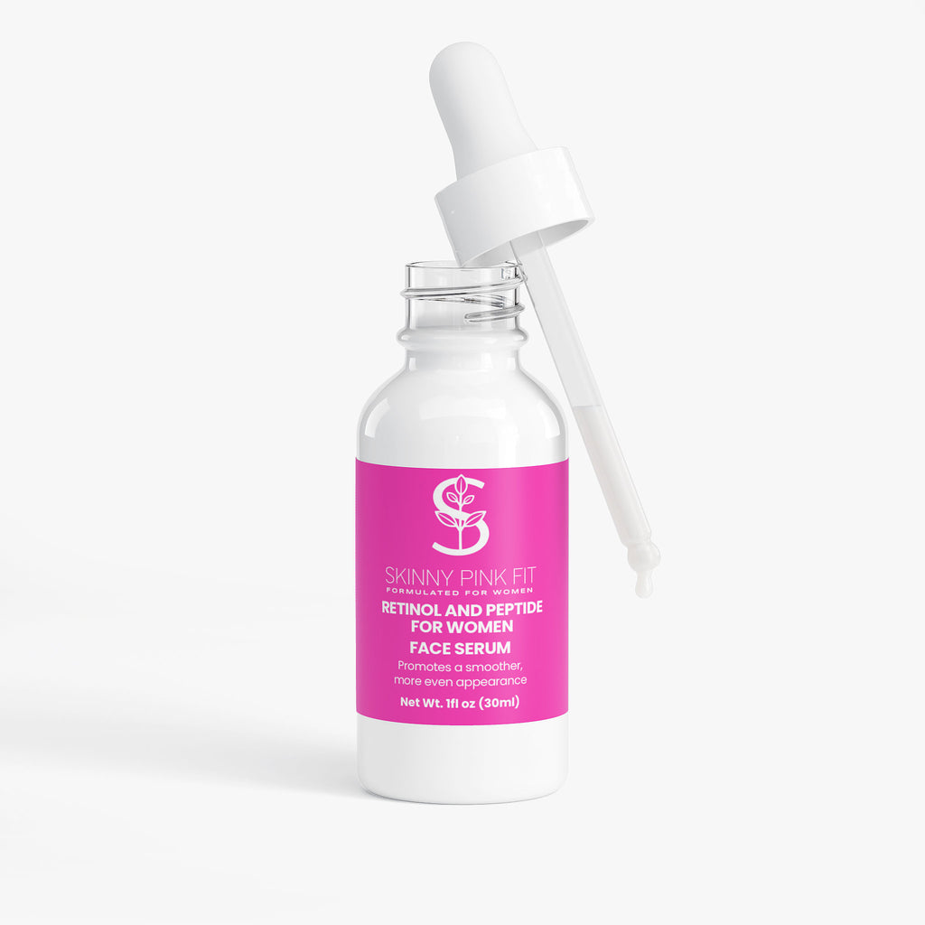 Skinny Pink Fit face serum bottle with pink label on a white background Retinol and Peptide Face Serum For Women, Skinny Pink Fit