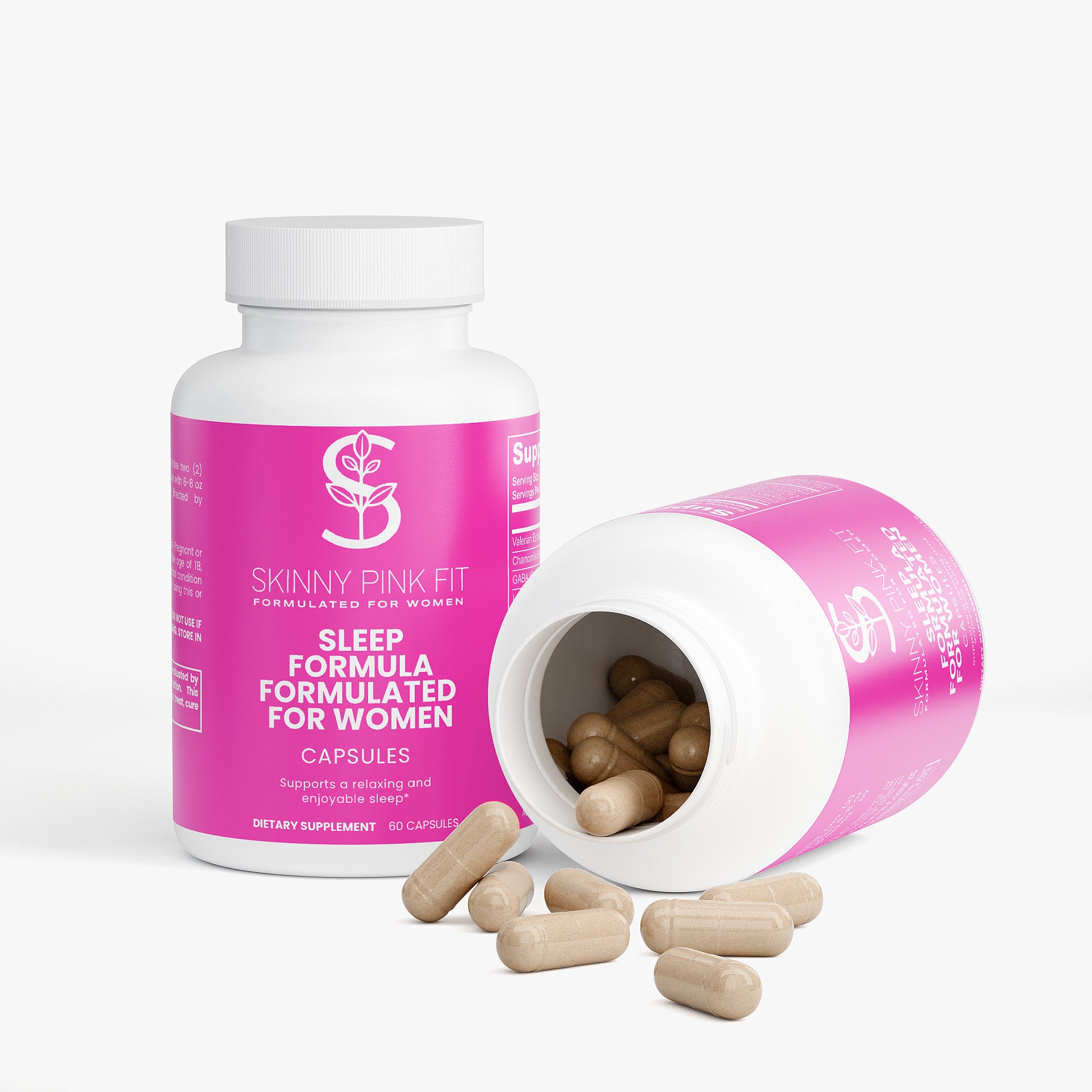 Supplement bottle labeled 'Skinny Pink Fit' with pink label and white body, containing capsules on a white background. Sleep Formula Formulated For Women