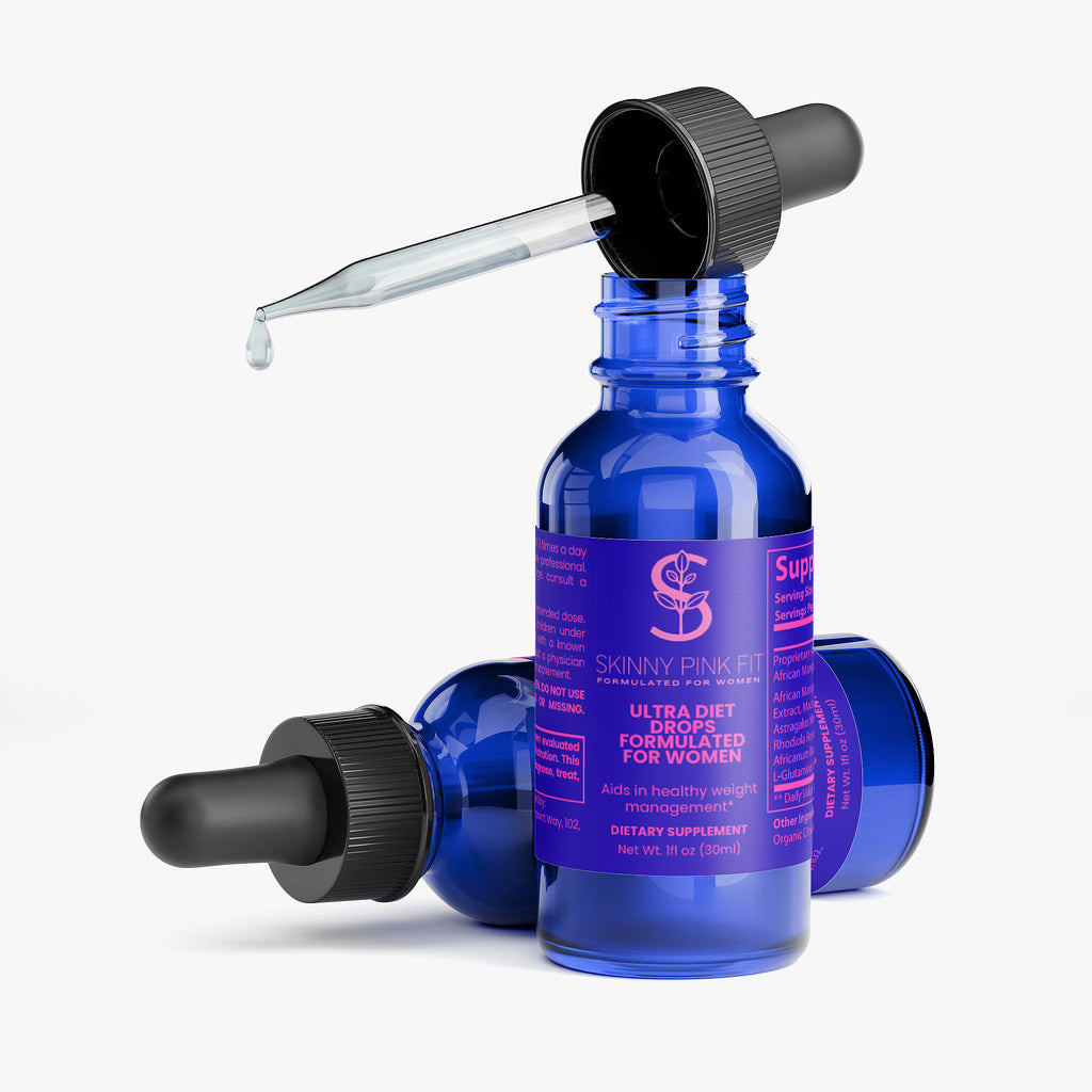 Blue dropper bottles with purple labels on a white background, Ultra Diet Drops Ultra Formulated For Women 1 oz, Skinny Pink Fit