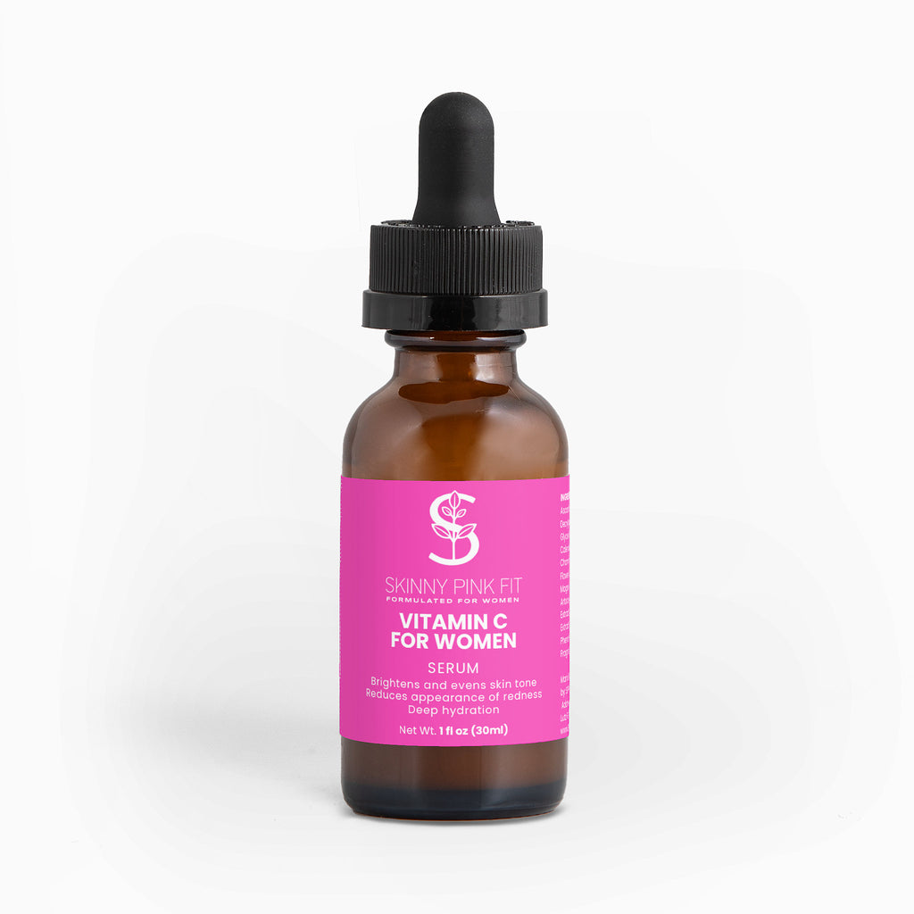 Brown glass bottle with pink label on a white background Vitamin C Serum For Women, Skinny Pink Fit