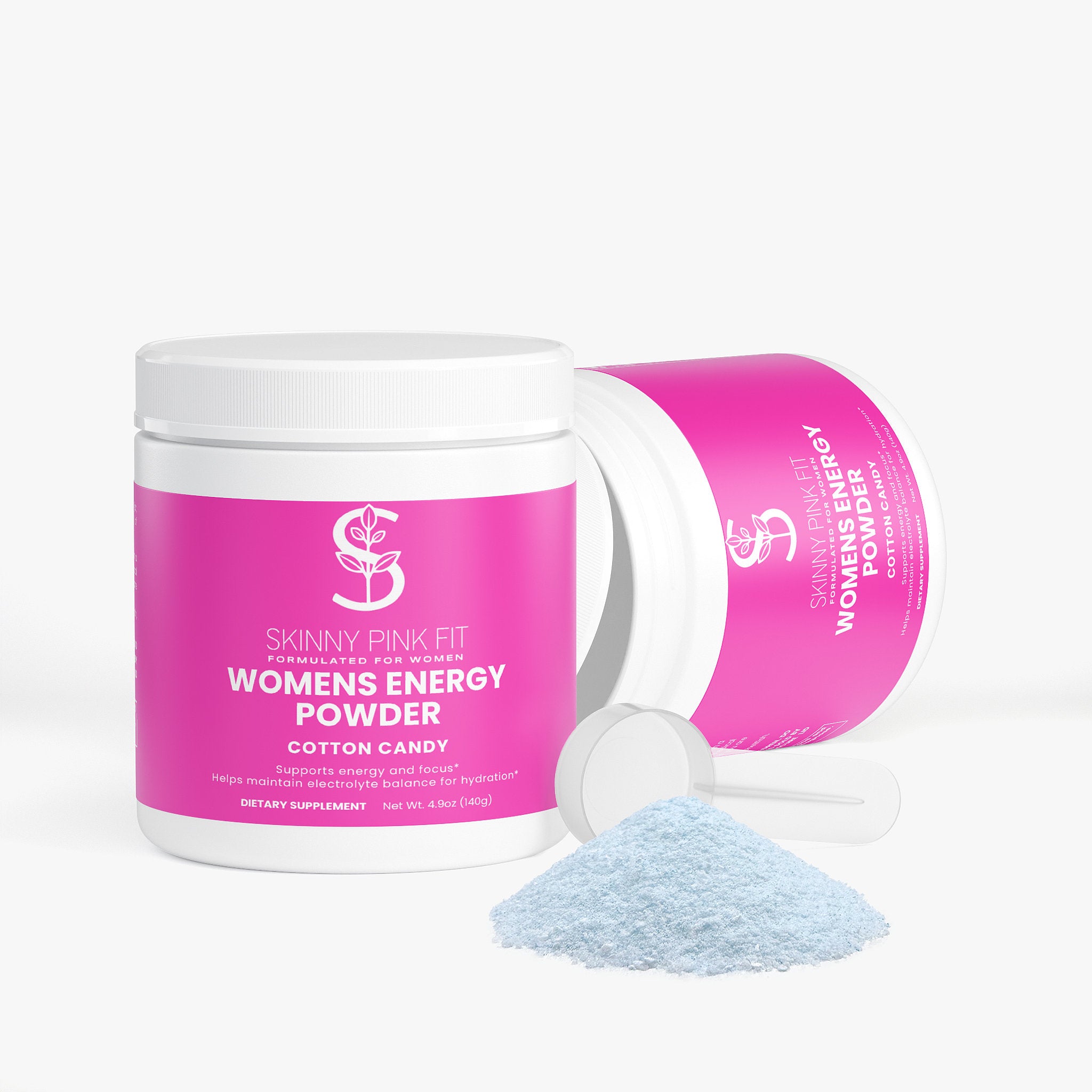Pink container of Skinny Pink Fit Women's Energy Powder with a scoop of powder on a white background