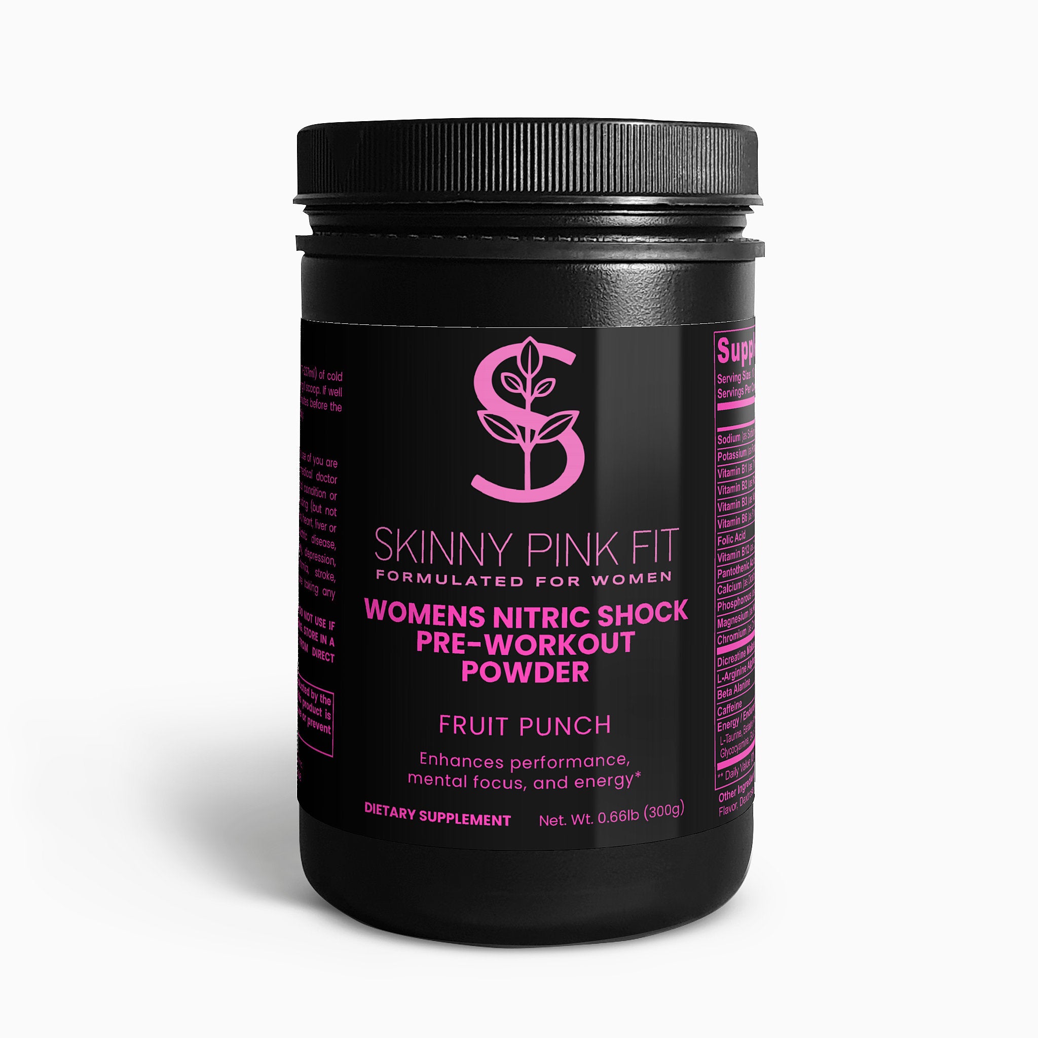 Black container of Skinny Pink Fit pre-workout powder on a white background Womens Nitric Shock Pre-Workout Powder (Fruit Punch)