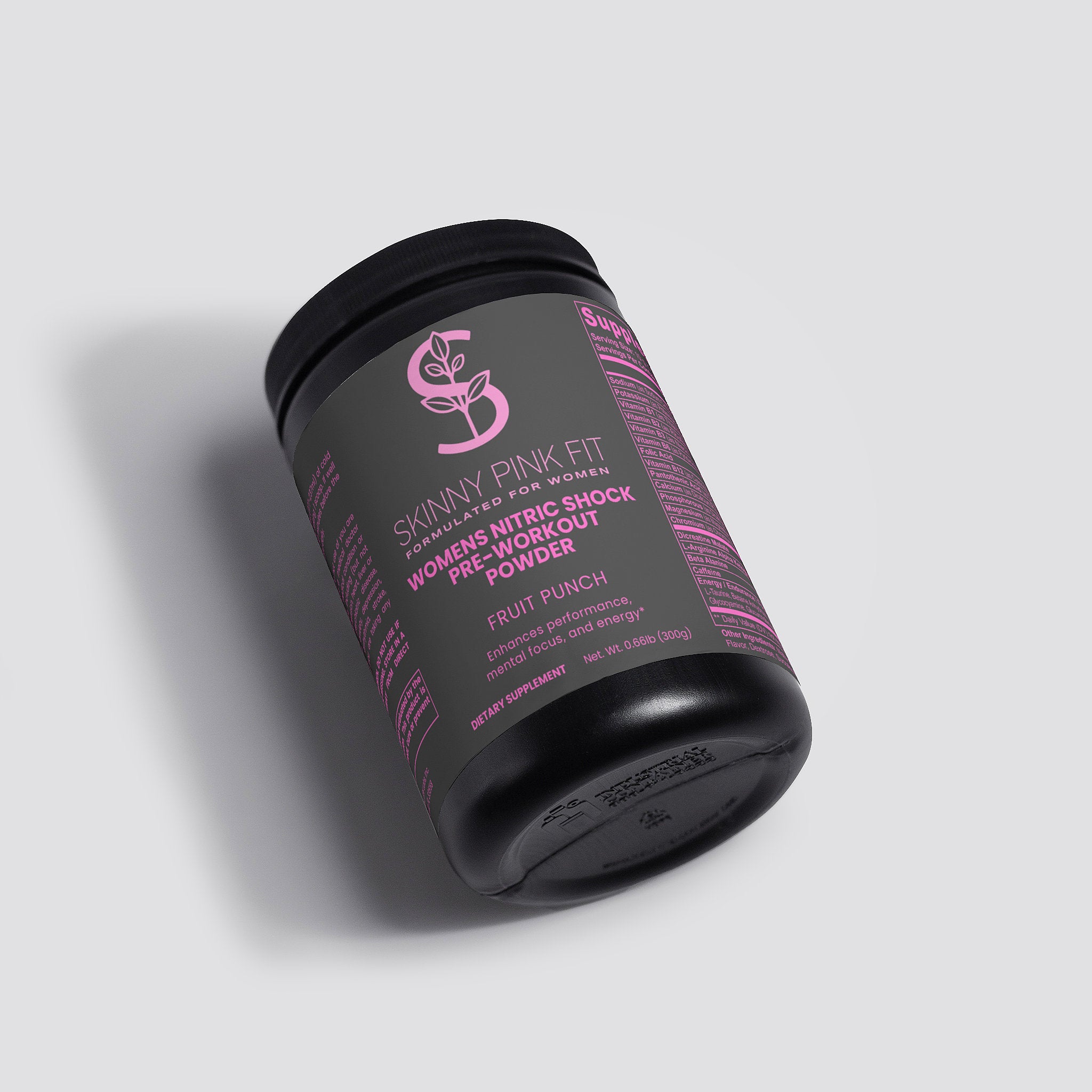 Black container of Skinny Pink Fit pre-workout powder on a light gray background Womens Nitric Shock Pre-Workout Powder (Fruit Punch)