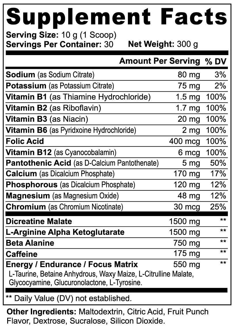 Supplement facts label with detailed nutritional information